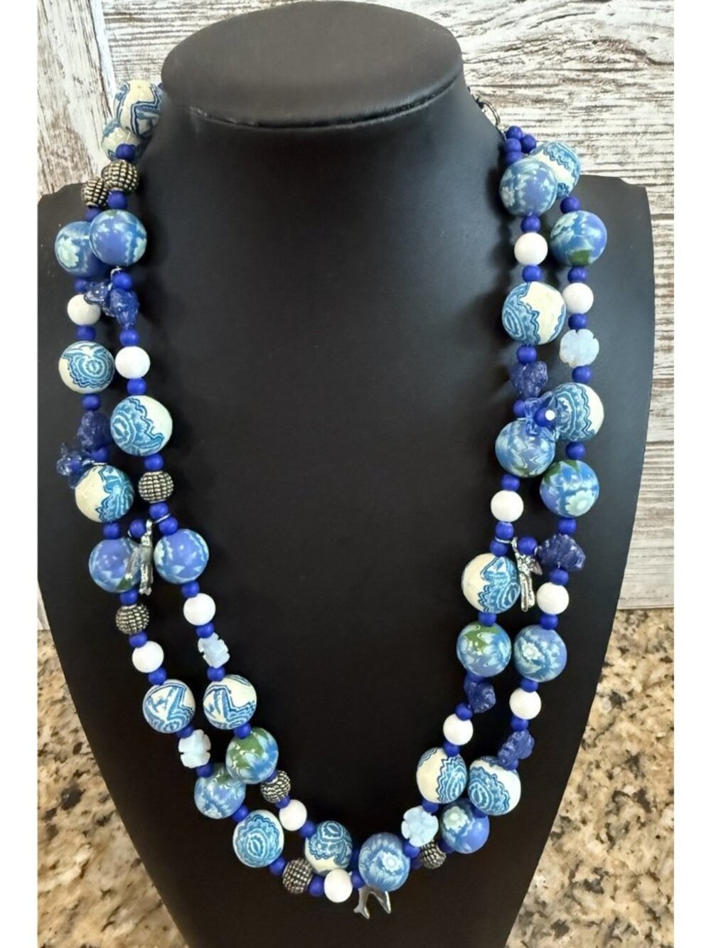 Vintage Blue And White Beaded Statement Necklace 2 Strand 22”